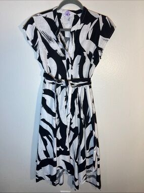 DKNY Black and White Abstract Print Belted Linen Handkerchief Midi Dress Small